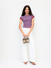 Boat Neck Stripe Contrasting Binding Short Sleeve Tee