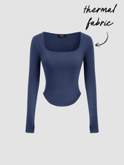 Thermal Cotton-blend Square Neck Solid Thumb Hole Long Sleeve Tee