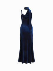 Velvet Halter Neckline Ruched Cami Maxi Dress With Scarf