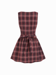 Plaid Asymmetrical Neck Ruched Tie Back Mini Dress
