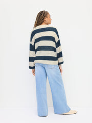 Knit Mohair-blend Striped V-neck Long Sleeve Oversized Cardigan