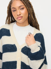 Knit Mohair-blend Striped V-neck Long Sleeve Oversized Cardigan