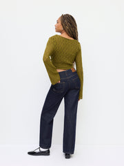 Knit V-neck Bell Sleeve Tie Front Hollow Out Cardigan With Cami Top
