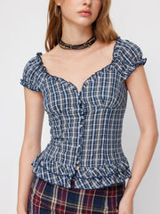 Sweetheart Tartan Ruched Lettuce Trim Layered Blouse