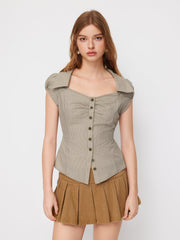 100% Cotton Collar Stripe Belted Short Sleeve Blouse