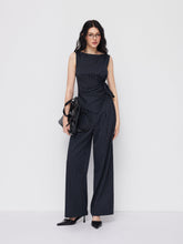 Boat Neck Striped Wrap Knotted Top & Mid Rise Straight Leg Trousers Set