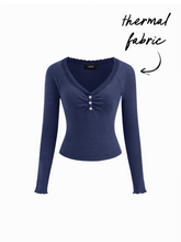 Thermal Cotton-blend V-neck Long Sleeve Lace Trim Ruched Tee