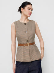 Round Neckline Houndstooth Blazer Vest With Belt