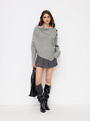 Knit Asymmetrical Neck Poncho Long Sleeve Sweater