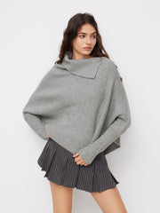 Knit Asymmetrical Neck Poncho Long Sleeve Sweater
