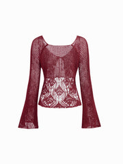 Knit V-neck Bell Sleeve Hollow Out Knotted See-through Top