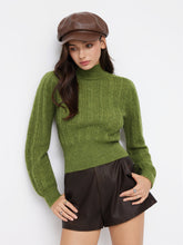 Wool-blend Cable Knit High Neck Solid Long Sleeve Top
