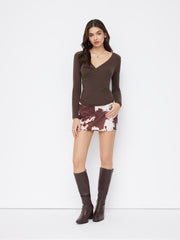 Wool-blend V-neck Solid Ruched Knitted Long Sleeve Top