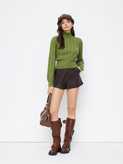 Wool-blend Cable Knit High Neck Solid Long Sleeve Top