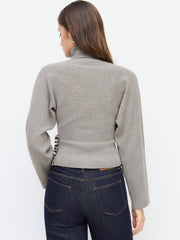 Knit Turtleneck Long Sleeve Button Side Ruched Cinched Waist Top