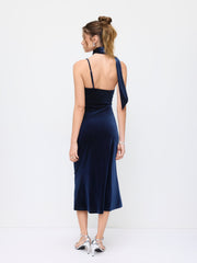 Velvet Halter Neckline Ruched Cami Maxi Dress With Scarf