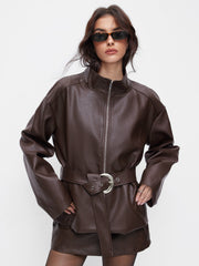 Faux Leather Stand Collar Zip Through Jacket With Belt