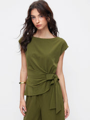 Boat Neck Stripe Ruched Knotted Straight Leg Jumpsuit