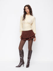 High Neck Long Sleeve Ruched Cinched Waist Blouse