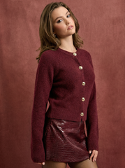 Knit Round Neckline Long Sleeve Metal Button Cardigan
