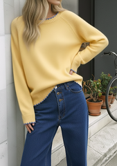 Knit Round Neck Contrasting Binding Oversized Long Sleeve Sweater