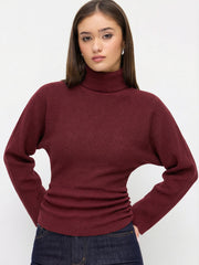 Knit Turtleneck Long Sleeve Button Side Ruched Cinched Waist Top