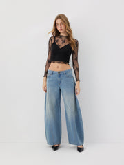 High Neck Lace Floral Blouse & Solid Crop Cami Top Set