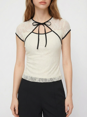 Round Neckline Floral Contrasting Binding Cut Out Knotted Short Sleeve Top