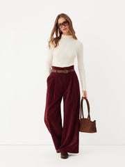 Corduroy High Rise Solid Pleated Wide Leg Trousers With Belt