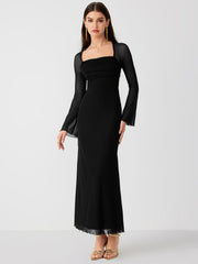 Mesh Square Neck Solid Drawstring Maxi Dress