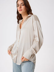 Satin Collar Solid Button Long Sleeve Shirt