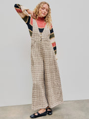 Tweed V-neck Check Button Pleated Wide Leg Jumpsuit