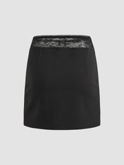 Woven Mid Rise Bowknot Lace Trim Mini Skirt