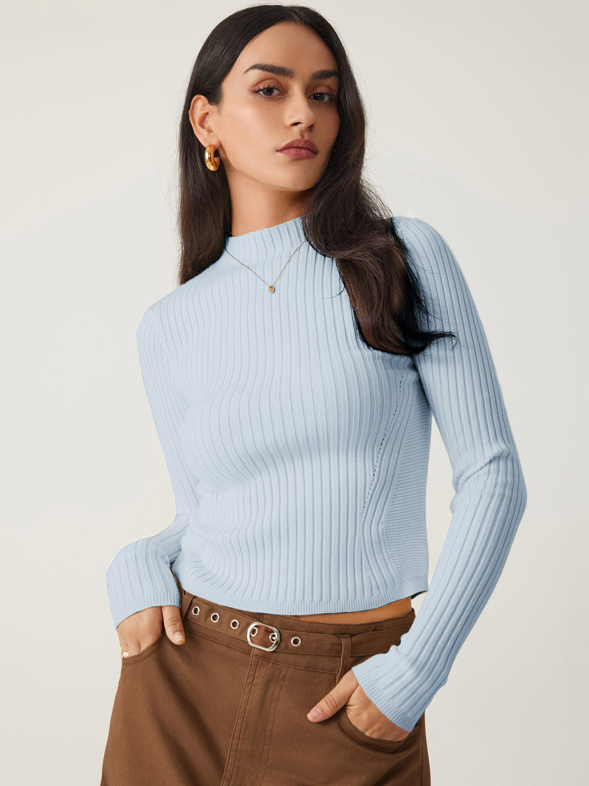 Rib Knit Stand Neck Solid Long Sleeve Top