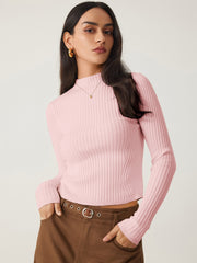 Rib Knit Stand Neck Solid Long Sleeve Top