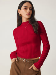 Rib Knit Stand Neck Solid Long Sleeve Top