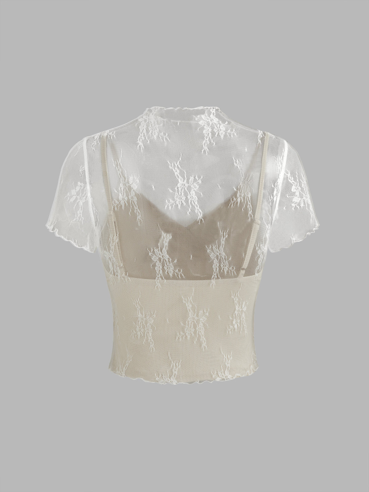 High Neck Lace Floral Top & Solid Crop Cami Top Set