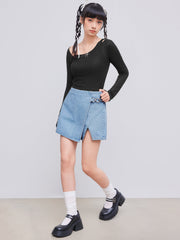 Denim Mid Waist Split Mini Skort