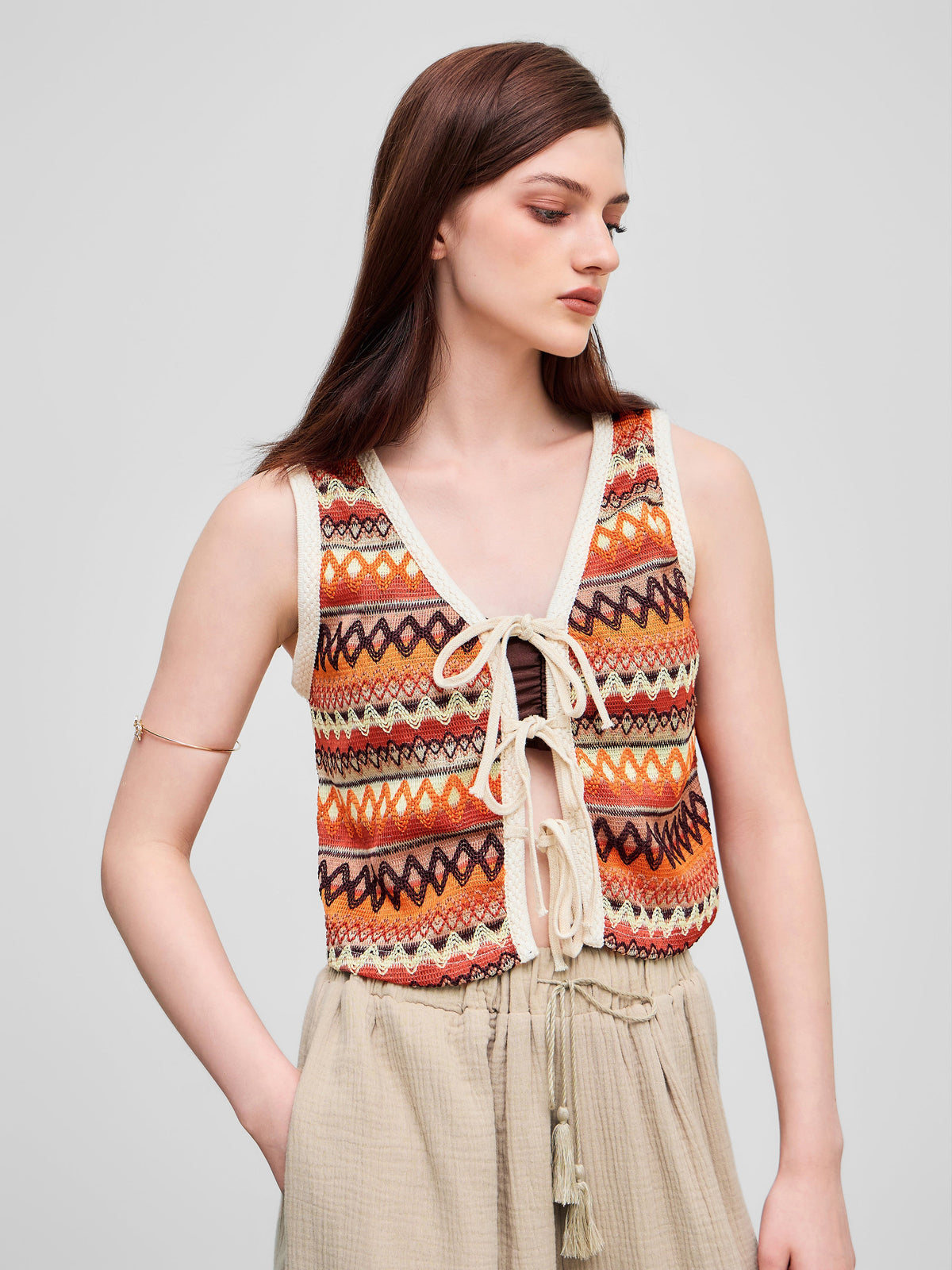 V-neck Striped Tie Front Knotted Oversized Crop Vest