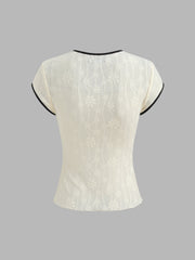 Round Neckline Floral Contrasting Binding Cut Out Knotted Short Sleeve Top