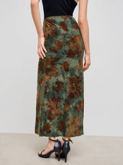 Mid Rise Floral Ruched Maxi Mermaid Skirt