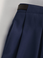 Petite Mid Rise Solid Straight Leg Trousers With Belt