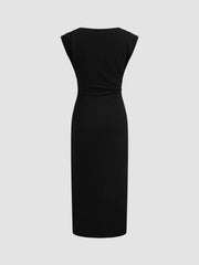Boat Neck Solid Ruched Maxi Dress
