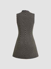 High Neck Checks Ruched Mini Dress