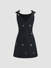 Boat Neck Floral Embroidery Bowknot Mini Dress