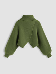 High Neck Solid Knitted Long Sleeve Crop Sweater