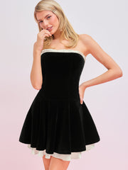Velvet Strapless Solid Lace Up Layered Mini Dress