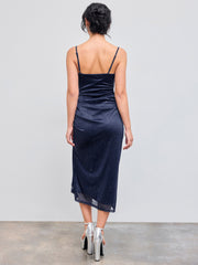 Cowl Neck Glitter Ruched Split Drawstring Maxi Dress