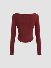 Thermal Cotton-blend Boat Neck Solid Ruched Long Sleeve Tee