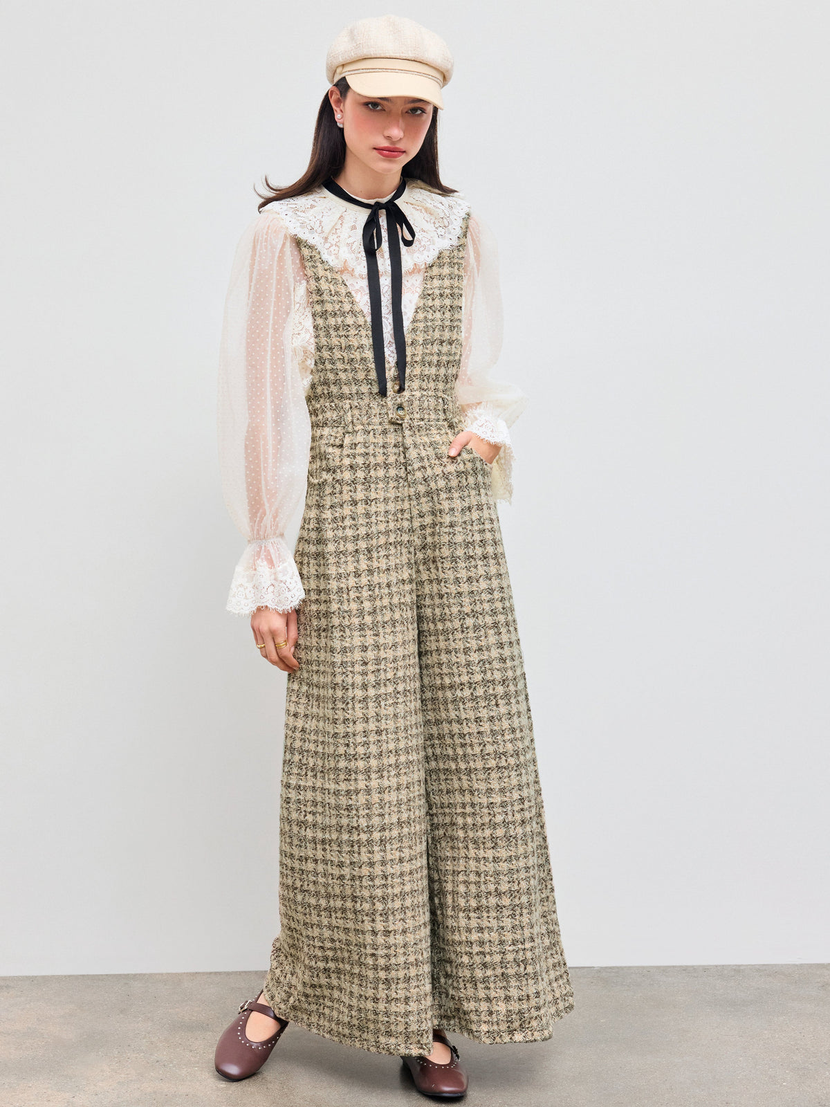 Tweed V-neck Check Button Pleated Wide Leg Jumpsuit